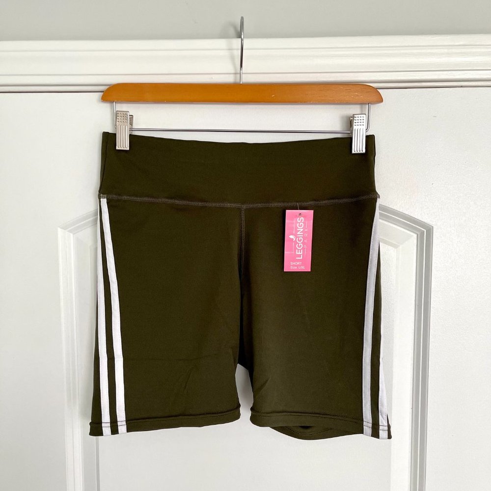 High Waisted Striped Bike Shorts in Olive NWT - Picture 3 of 6